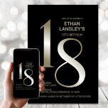 黒モダン金ゴールド18th誕生日パーティー 招待状<br><div class="desc">招待状この黒と金ゴールドの18thバースデモダンィーパーティーの招待であなたの友人や愛する人々。この招待テンプレートのカスタマイズ可能な文字領域を使用すると、日付、時刻、会場、RSVP情報など、特別な誕生祝いに必要なすべての詳細を簡単に含めることができます。さまざまな紙タイプとコーナースタイルがユニーク招待状で利用でき、デジタル形式を好んでダウンロードすもしるオプションも用意されている。</div>