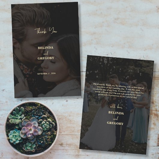 黒モダン金ゴールド2フォトオーバーレイ結婚ズ サンキューカード