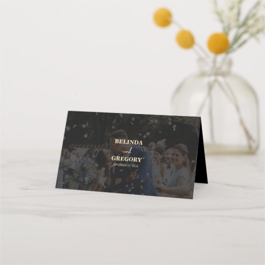 黒モダン金ゴールド2フォトオーバーレイ結婚ズ プレイスカード (裏面)