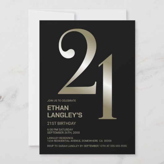 黒モダン金ゴールド21歳の誕生日パーティー 招待状 (正面)