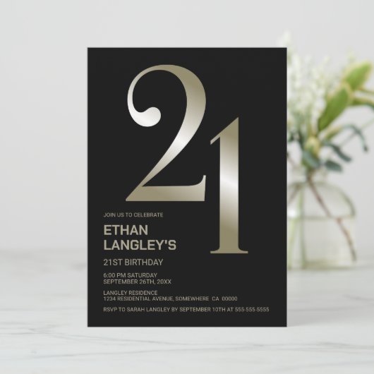 黒モダン金ゴールド21歳の誕生日パーティー 招待状 (スタンド正面)