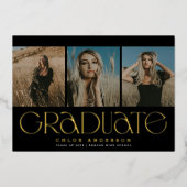 黒モダン金ゴールド3写真卒業のお知らせ 箔招待状 (正面)