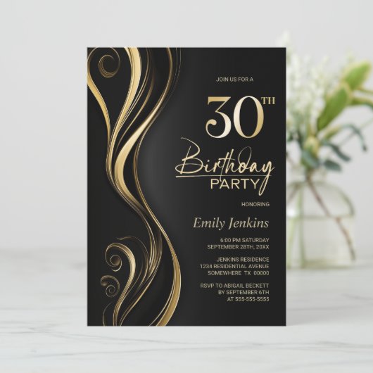 黒モダン金ゴールド30歳の誕生日パーティー 招待状 (スタンド正面)