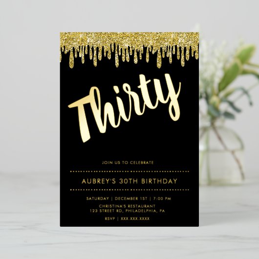 黒モダン金ゴールド30thバースデーフォイル招待状 箔招待状 (立ち正面)