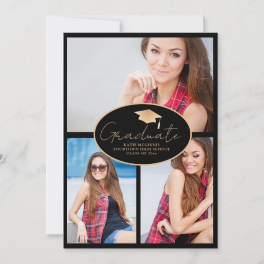 黒モダン金ゴールド3-Photo卒業 案内状 (正面)