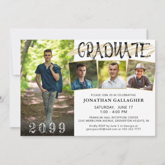 黒モダン金ゴールド4枚の写真ハンドレター卒業生 招待状 (正面)