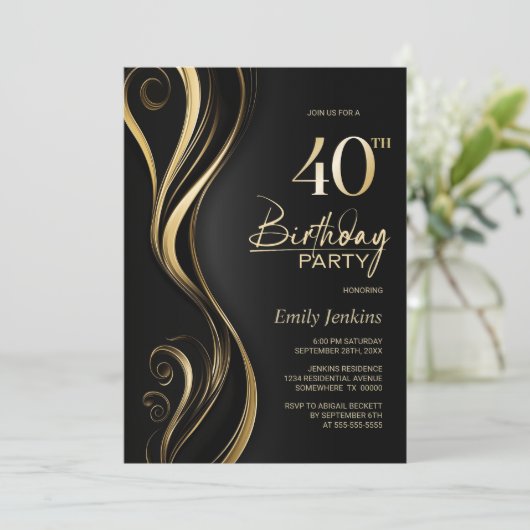 黒モダン金ゴールド40歳の誕生日パーティー 招待状 (スタンド正面)