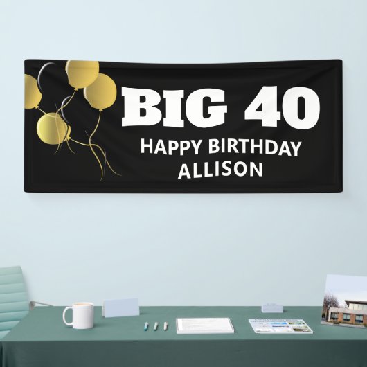 黒モダン金ゴールド40th誕生日パーティーパーソナライズされた 横断幕 (トレードショー)