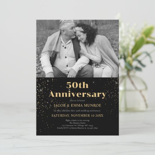 黒モダン金ゴールド50周年記念写真 招待状 (スタンド正面)