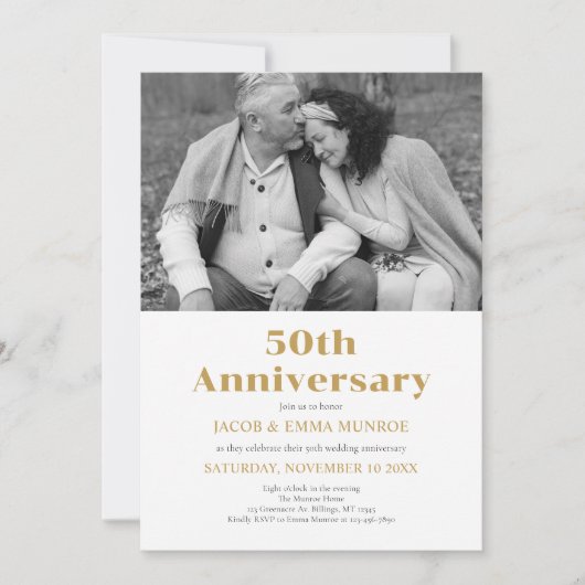 黒モダン金ゴールド50周年記念写真 招待状 (正面)