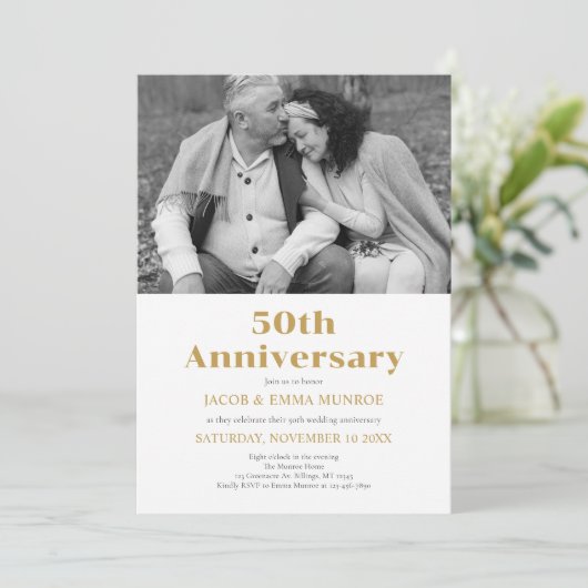 黒モダン金ゴールド50周年記念写真 招待状 (スタンド正面)