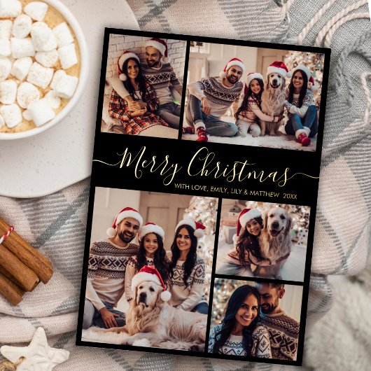 黒モダン金ゴールド5 photo Collageクリスマス 箔シーズンポストカード