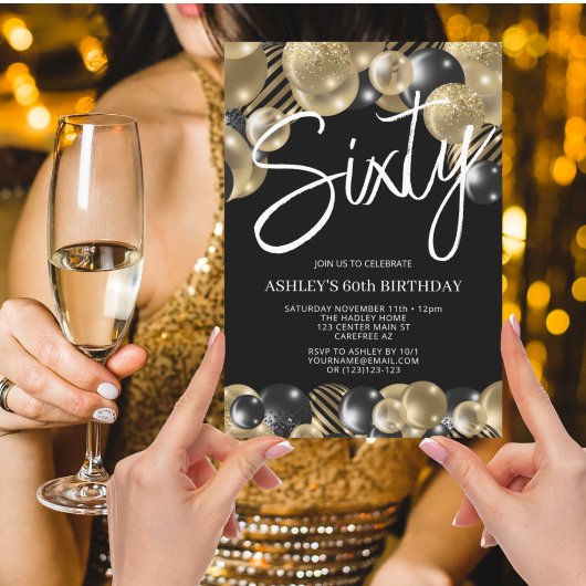 黒モダン金ゴールド60誕生日 招待状