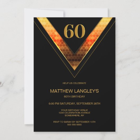 黒モダン金ゴールド60th誕生日パーティー 招待状 (正面)