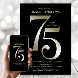 黒モダン金ゴールド75th誕生日パーティー 招待状