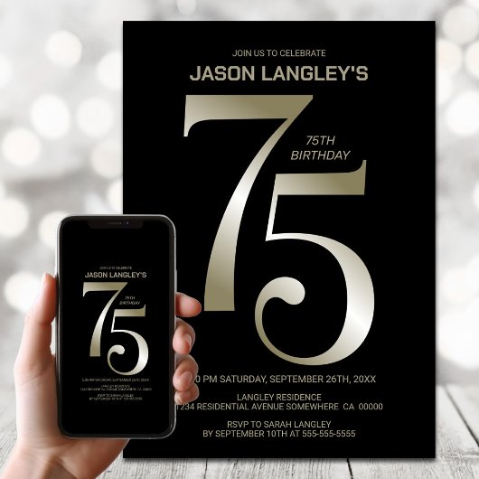 黒モダン金ゴールド75th誕生日パーティー 招待状