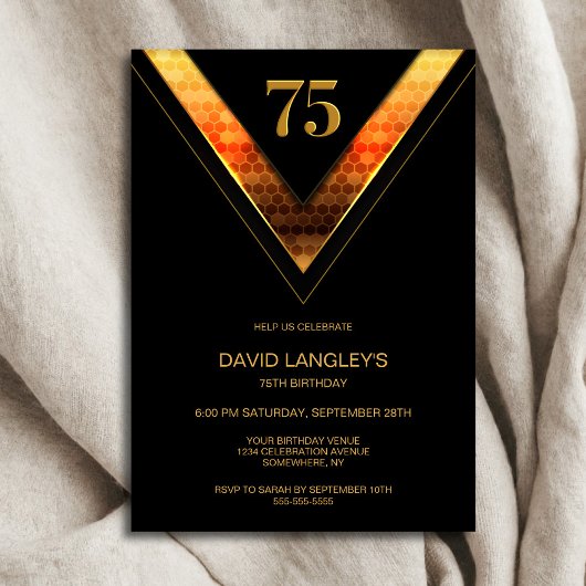 黒モダン金ゴールド75th誕生日パーティー 招待状