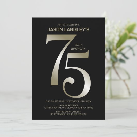 黒モダン金ゴールド75th誕生日パーティー 招待状 (スタンド正面)