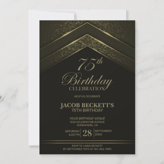黒モダン金ゴールド75th誕生日パーティー 招待状 (正面)