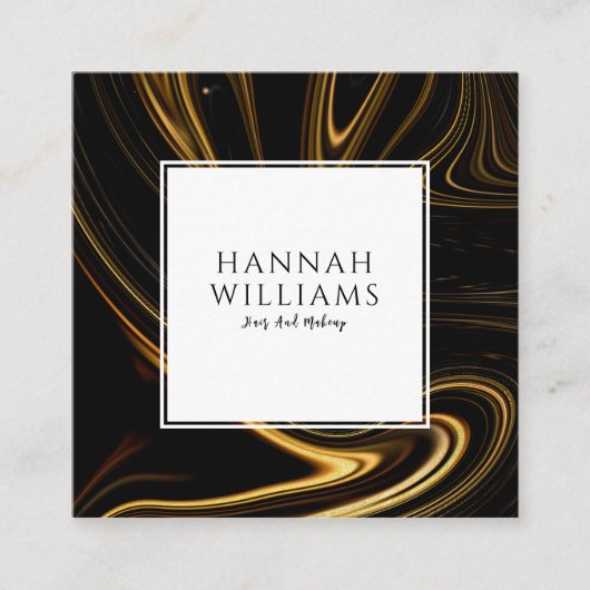 黒モダン金ゴールドQrコード抽象芸術液パターン スクエア名刺 (正面)