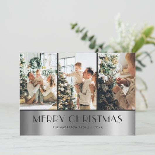 黒モダン銀写真コラージュのクリスマスカード シーズンカード (スタンド正面)
