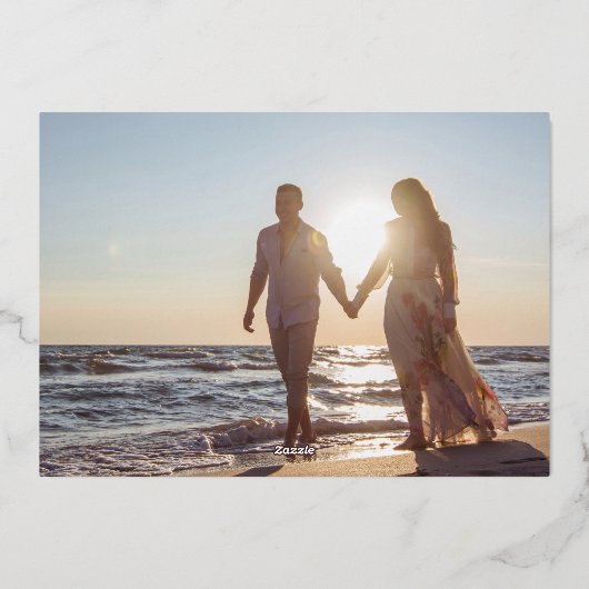 黒モダン銀写真結婚式の日付を保存 箔招待状 (裏面)