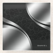 黒モダン銀幾何学模様モノグラム ガラスコースター (正面)