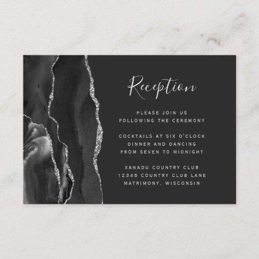 黒モダン銀瑪瑙ダークウェディングレセプション エンクロージャーカード (正面)