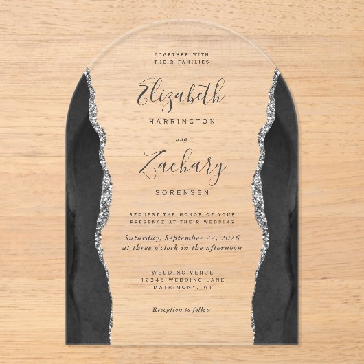 黒モダン銀瑪瑙結婚のアーチ アクリル招待状 (正面)