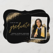 黒モダン院生スクリプト金ゴールド写真卒業 案内状 (正面/裏面)