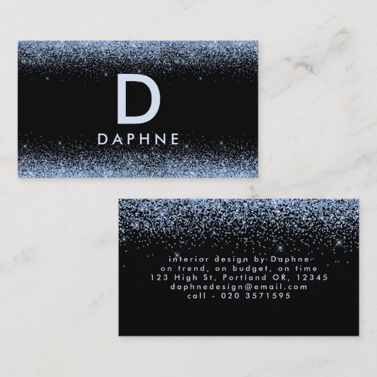 黒モダン青グリッターイニシャルモノグラム 名刺 (正面/裏面)