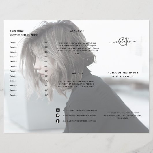 黒モダン髪サロン価格表サービス・メニュー (正面)