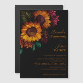 黒モダン鮮やか焦したオレンジ色のフローラ結婚の マグネット招待状 (正面/裏面)