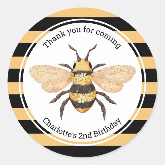 黒モダン黄ストライプビーバースデーパーティー ラウンドシール (正面)