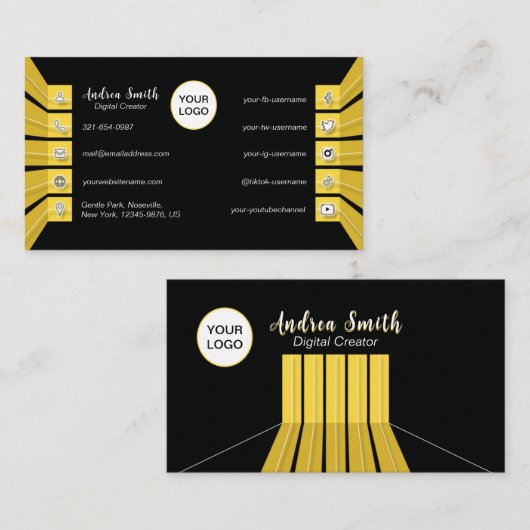 黒モダン黄ソーシャルメディアのアイコンのミニマル化 名刺 (正面/裏面)