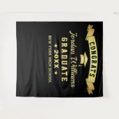 黒モダン黄金卒業写真の背景 タペストリー (正面(横))