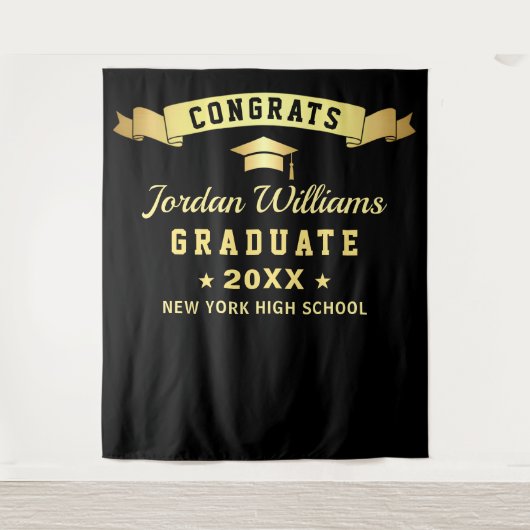 黒モダン黄金卒業写真の背景 タペストリー (正面)