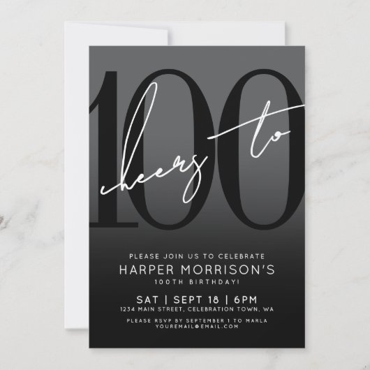 黒モダン100th誕生日パーティーの招待状 招待状 (正面)