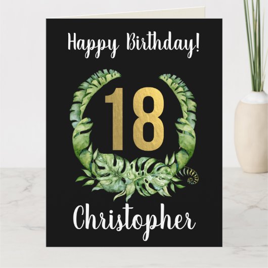 黒モダン18誕生日の男性の名前 カード (正面)