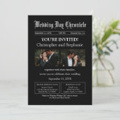 黒モダン2枚の写真QRコード新聞紙結婚 招待状 (スタンド正面)