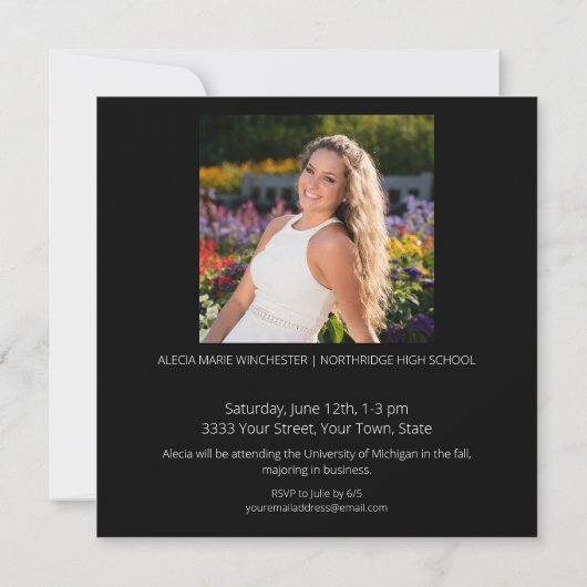 黒モダン2024写真卒業パーティー 招待状 (裏面)