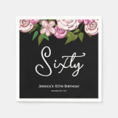 黒モダン60番目の誕生日フローラ スタンダードカクテルナプキン (正面)