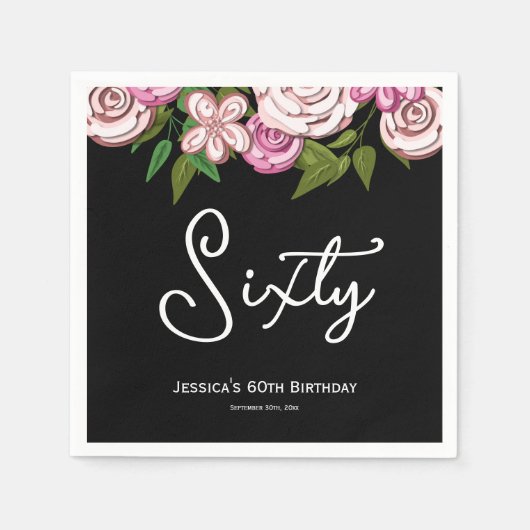 黒モダン60番目の誕生日フローラ スタンダードカクテルナプキン (正面)
