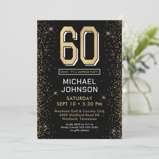 黒モダン60誕生日フォトサプライズパーティー 招待状 (スタンド正面)