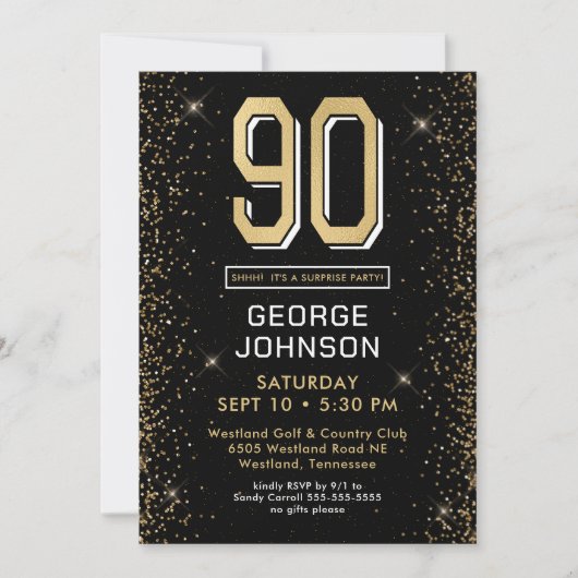 黒モダン90誕生日フォトサプライズパーティー 招待状 (正面)
