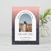 黒モダン&ピンクグリッターアーチ写真卒業 招待状 (スタンド正面)