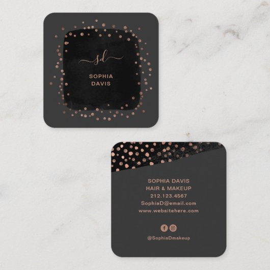 黒モダン、フェイクバラ金ゴールド点 スクエア名刺 (正面/裏面)