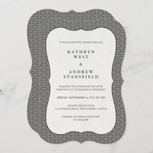 黒モダン+白の波パターン結婚式招待状 招待状 (正面/裏面)