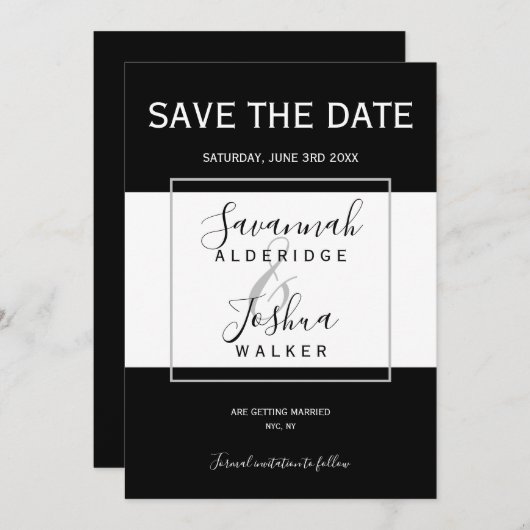黒モダン、白、灰色の結婚式の日付を保存 招待状 (正面/裏面)