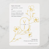 黒モダン、白、金ゴールド、フローラ結婚金ゴールド 箔招待状 (正面)